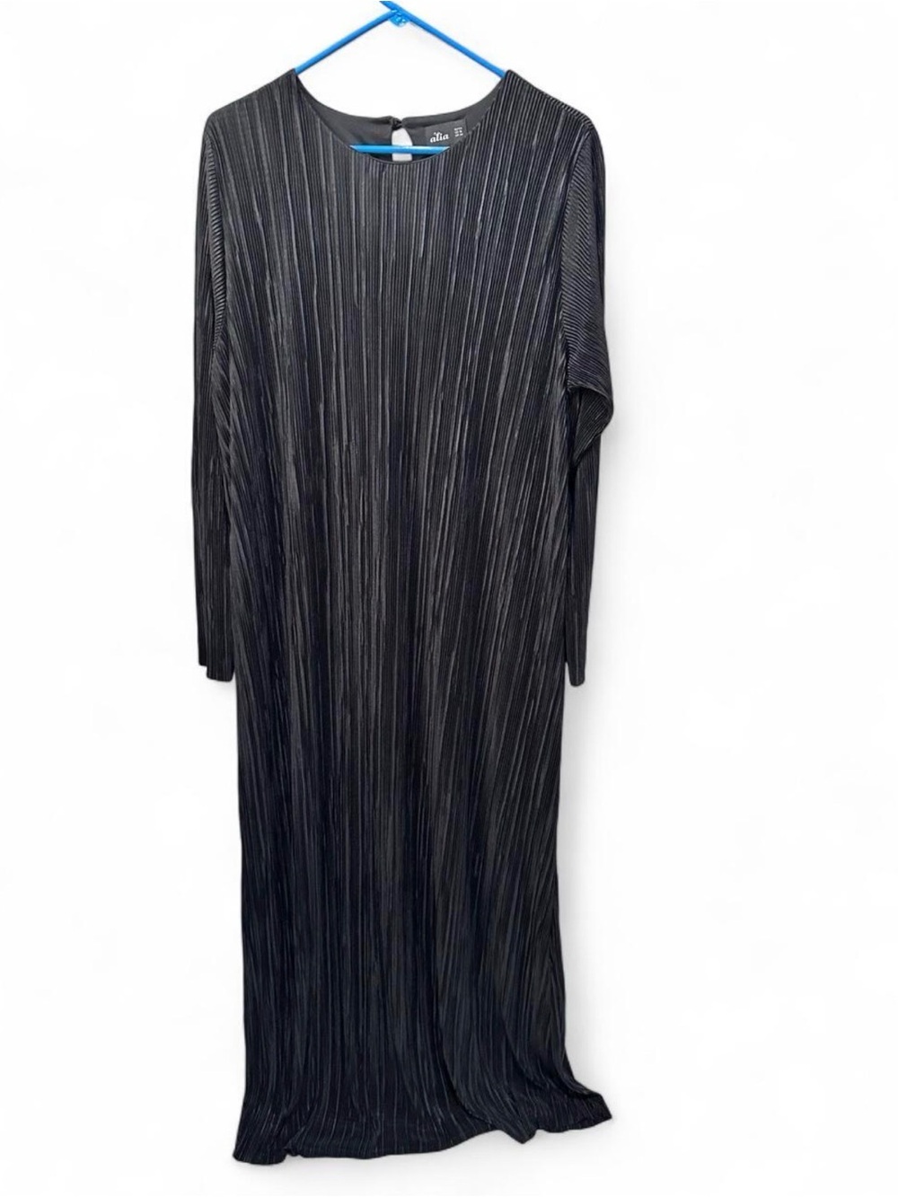 Alia Black Plisse Micro Pleated Maxi Dress Long Sleeve Minimalist Plus Size 18